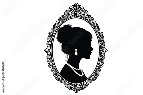Elegant vintage of a woman with an updo hairstyle, pearl necklace and earrings, framed in ornate decorative mirror Silhouette vector on whit Background