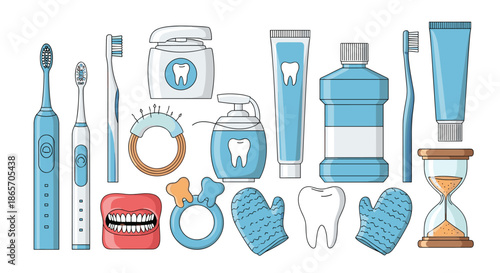 Comprehensive set of dental hygiene icons including toothbrushes toothpaste floss mouthwash and an hourglass for oral healthcare.