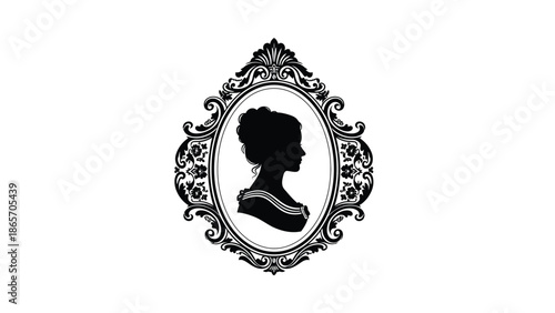 Elegant vintage of a woman with ornate frame in black and white graphic illustration for classic style design Silhouette vector on whit Background