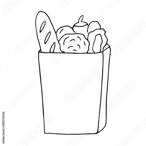 Hand-drawn grocery bag with food items. Simple outline illustration in doodle style, isolated on white background