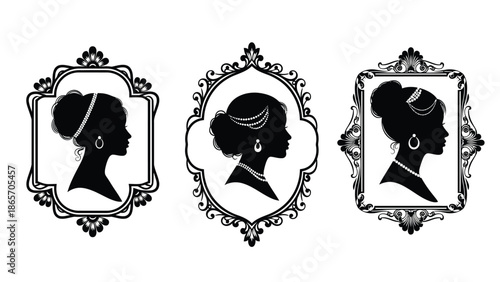 Elegant vintage portraits of women in ornate frames illustrating classic beauty and timeless style for artistic Silhouette vector on whit Background