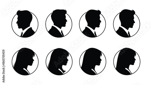 Set of diverse black and white illustrations of male and female profiles with varying hairstyles and ages for graphic Silhouette vector on whit Background
