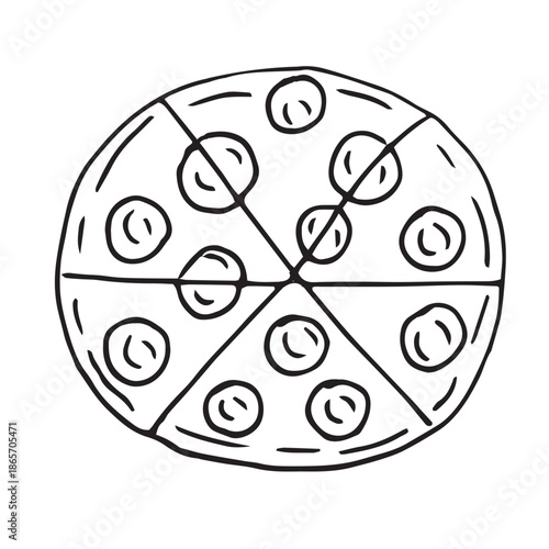 Hand-drawn sliced pizza illustration with toppings. Minimal black outline style, isolated on white background