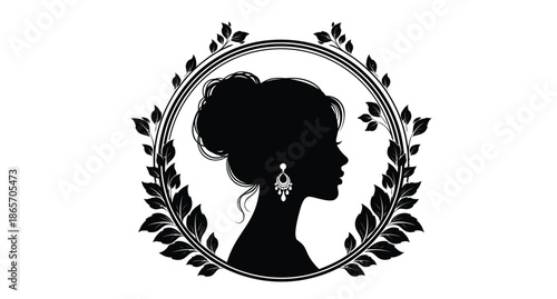 Elegant of a woman with an updo hairstyle and earrings surrounded by a decorative floral frame in a minimalist black Silhouette vector on whit Background