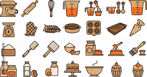 Baking & Cooking Icons Set – Kitchen Tools, Desserts, Ingredients (Outline Black & Orange)