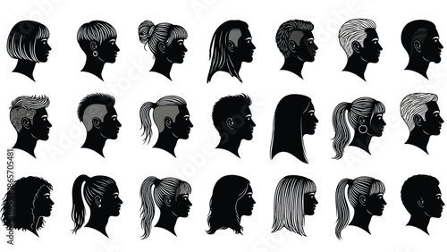 Diverse collection of black silhouettes of women's hairstyles and hairstyles in profile for fashion and beauty illustration Silhouette vector on whit Background