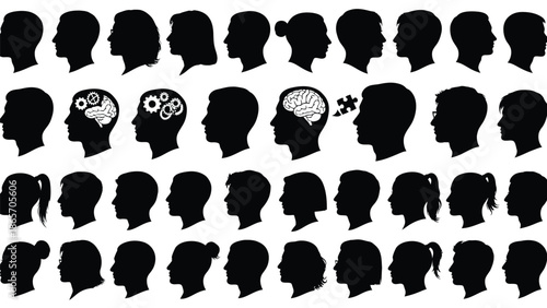 Collection of black profiles of human heads with various brain and mind icons representing thinking creativity and mental Silhouette vector on whit Background