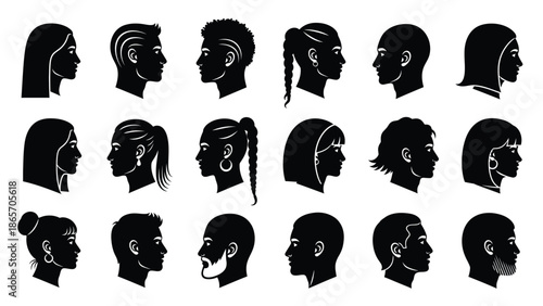 Set of diverse black illustrations of people with various hairstyles and accessories for diversity and inclusion Silhouette vector on whit Background