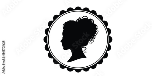Elegant of a woman's profile with curly hair inside a decorative circular frame illustration with female Silhouette vector on whit Background