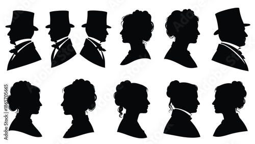 Elegant victorian style silhouettes of men and women in formal attire for historical and classic design projects Silhouette vector on whit Background