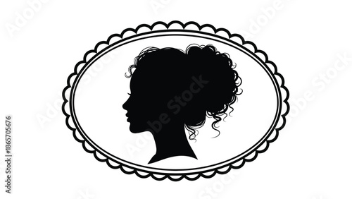 Elegant of a woman with curly hair in profile view within an ornate oval frame digital illustration with fashion Silhouette vector on whit Background