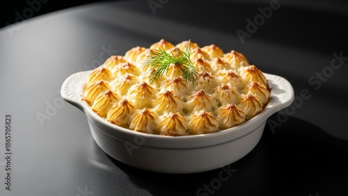Elegant Individual Fish Pie, Gourmet Restaurant Plating, Seafood Delight, Sophisticated British Cuisine
