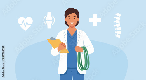 Friendly Physiotherapist Portrait
A flat vector illustration of a friendly physiotherapist standing confidently with therapy tools such as resistance bands or clipboard. 