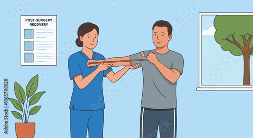Physiotherapist Helping Post-Surgery Recovery
A flat vector illustration of a physiotherapist assisting a patient during post-surgery recovery exercises. Supportive posture and calm expressions. 