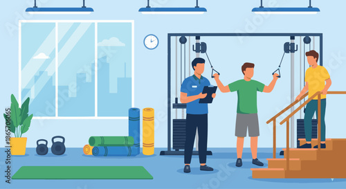 Physiotherapist Rehabilitation Gym Session
A flat vector illustration of a physiotherapist supervising a patient using rehab equipment such as resistance machines or steps. 