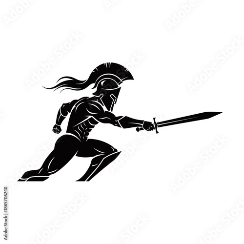 Dynamic black silhouette of a Spartan warrior in full armor, running with a sword, depicted in a powerful and aggressive stance.