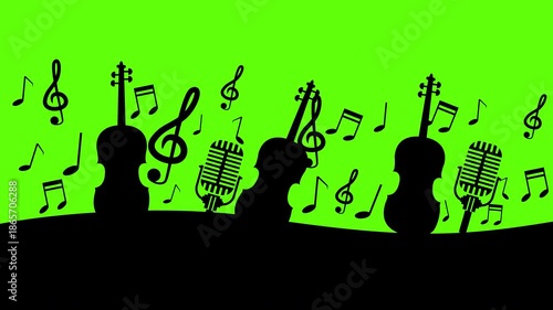 Musical instruments silhouettes with floating notes animation on green screen