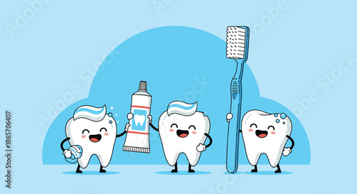 Happy cartoon teeth characters smiling while holding a large blue toothbrush and a tube of toothpaste for pediatric dentistry.