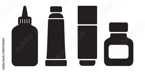 Black silhouettes of various cosmetic bottles and tubes on white background.
