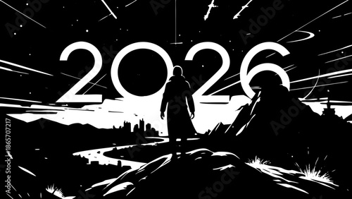Futuristic Silhouette on Cliff Gazing at Glowing Horizon with 2026 – Visionary Inspirational Concept Art
