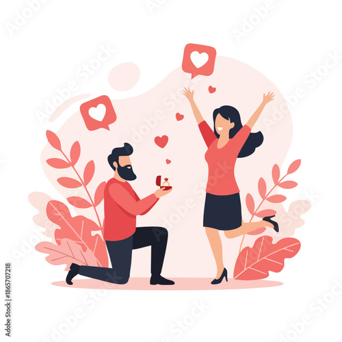 Man proposing to woman with heart symbols and leaves surrounding them in a celebratory atmosphere
