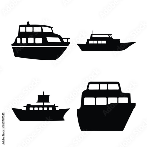 Collection of diverse boat and ship silhouettes for transport icons. Vector