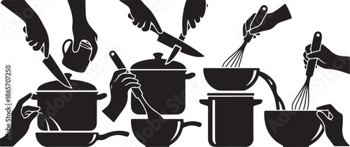 Hands Cooking with Various Kitchen Utensils and Pots