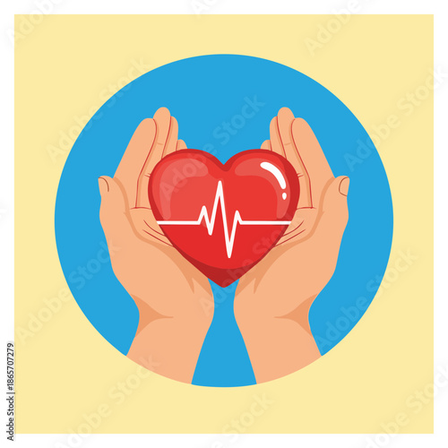 Hands holding a heart with a heartbeat line inside, symbolizing care and love for health and wellness in a digital illustration