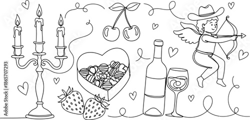 Hand-drawn art featuring romantic symbols like a candelabra, chocolates, strawberries, cherries, wine, and Cupid shooting an arrow, perfect for Valentine's Day illustrations