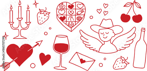 Hand-drawn Valentine's Day icons and illustrations featuring romantic symbols like hearts, cupid, and sweets
