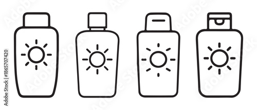 Sunscreen Bottles Line Art Icons Set. Sun Protection Products Collection.