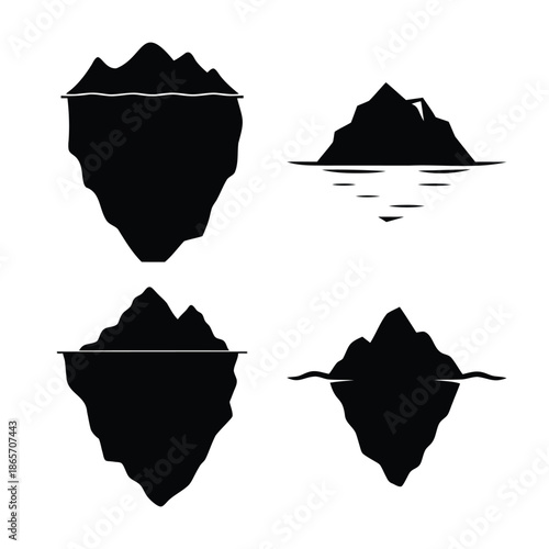 Iceberg vector icons set. underwater, tip, and reflection silhouettes Vector