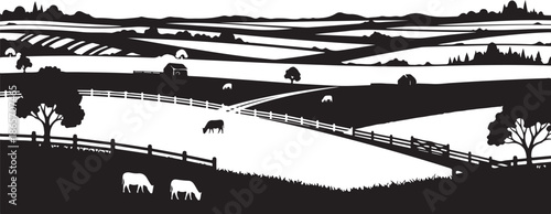 Black and White Countryside Landscape with Sheep and Fences