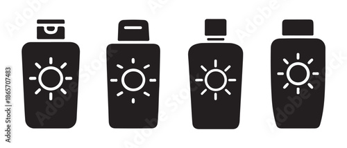 Sunscreen Bottles Icons. Sun Protection Product Variety and Packaging Types.