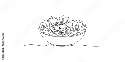 Continuous one line drawing of Vegetables salad on bowl, Single line art vector illustration.