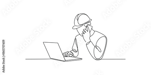 Continuous one line drawing of Construction engineer working on laptop and phone, single line draw concept vector illustration.