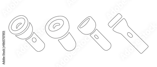 Flashlight Icon Set. Four Outline Illustrations Showing Different Angles.
