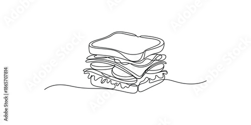 Continuous one line drawing of Delicious Sandwich, Hot dog fast food cafe menu and restaurant badge concept, vector illustration.