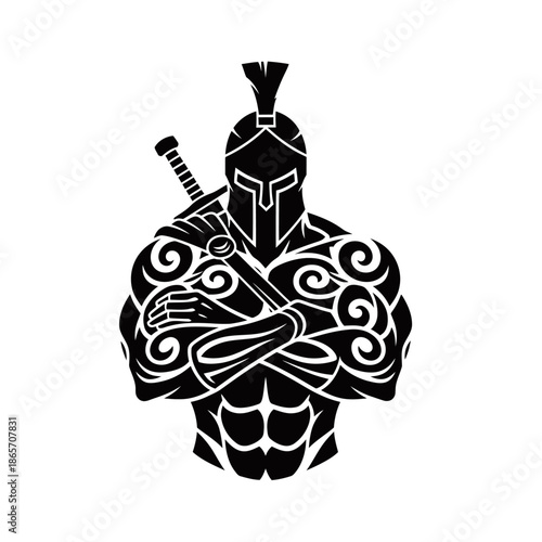 A powerful, muscular warrior in Spartan armor, with a sword slung over his shoulder, depicted in a bold black and white graphic style.