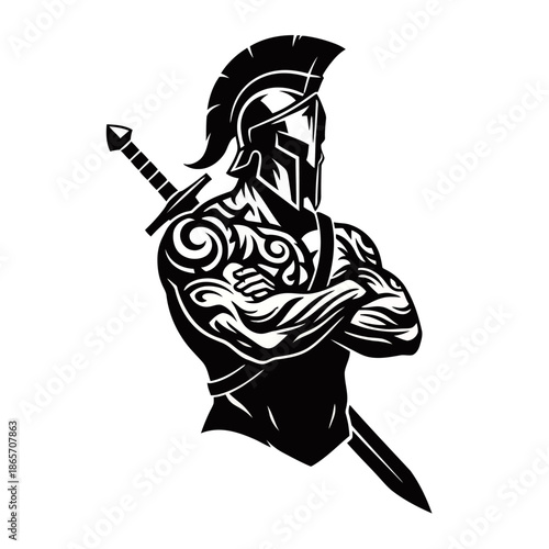 A powerful black and white illustration of a muscular Spartan warrior with a sword and helmet, arms crossed.
