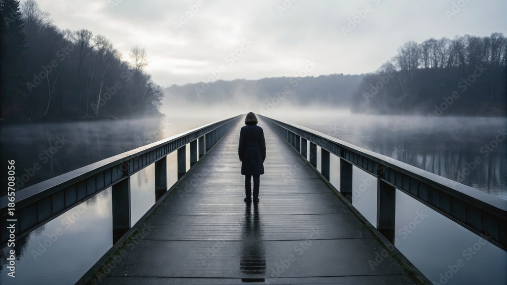 Fototapeta premium Deeply Upset A lone figure walks down a misty pier surrounded by calm water and trees.