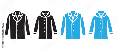 Collection of Coat Icons. Black and Blue Styles, With and Without Hoods.