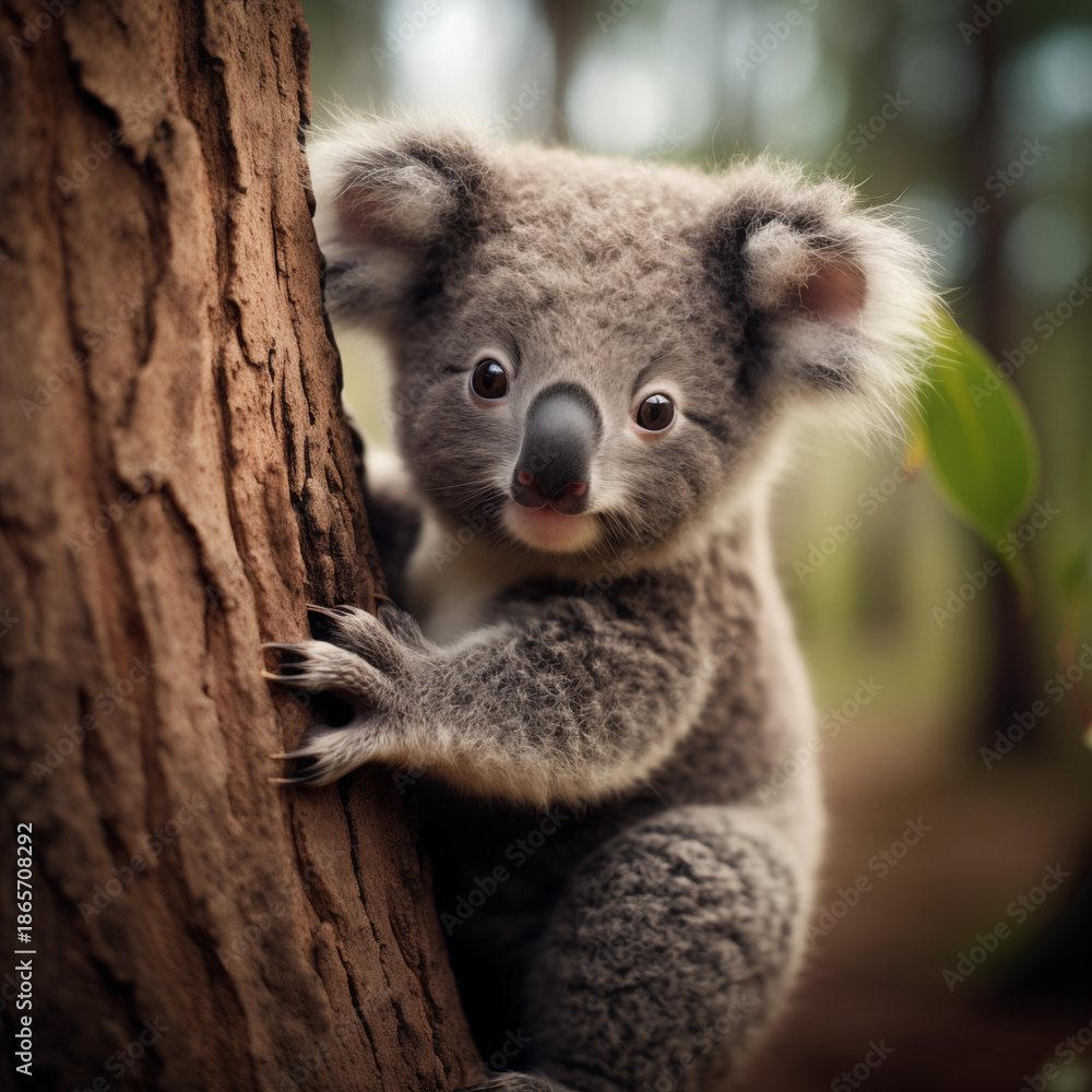 Fototapeta premium Adorable baby koala with big innocent eyes clinging to a eucalyptus tree trunk in its natural Australian habitat. Cute wildlife portrait.