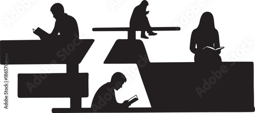 Silhouettes of people reading on abstract steps