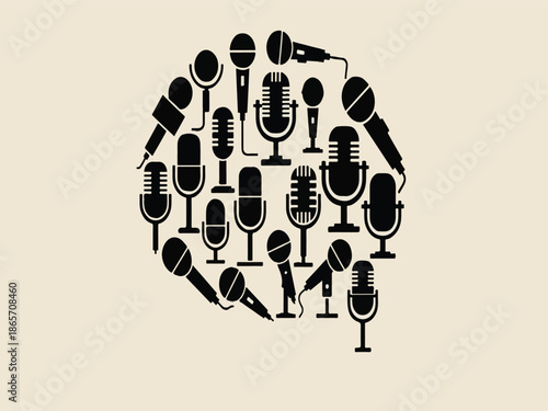 Black Microphone Collection in Speech Bubble Shape on Beige Background Vector
