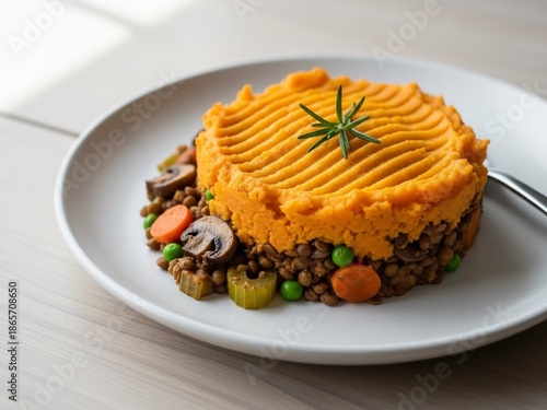 Healthy Vegan Shepherd's Pie with Sweet Potato Mash, Plant-Based Comfort Food, Modern Minimalist Styling