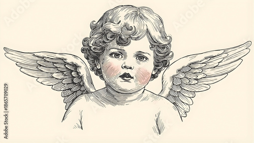 Vintage engraving portrait of a cherub infant with curly hair and large feathered wings