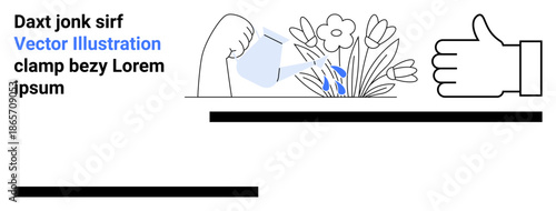 Gardening, positivity, feedback, eco-friendliness, plant care, sustainability. A hand watering flowers with droplets, next to a thumbs-up. Gardening and positivity concept