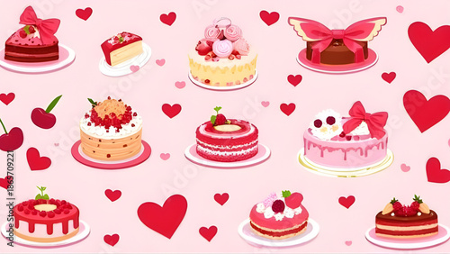 Assortment of decorated cakes and sweet pastries scattered among many red hearts