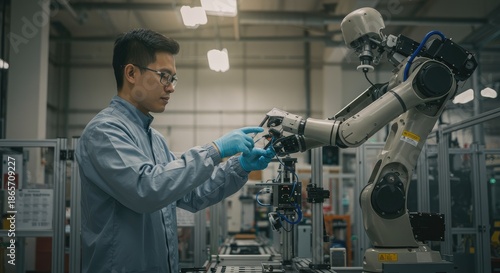 A human technician interacts with a robotic arm in a modern factory setting.  A man in light-blue scrubs, wearing glasses and blue gloves, is shown working near a large industrial robot arm